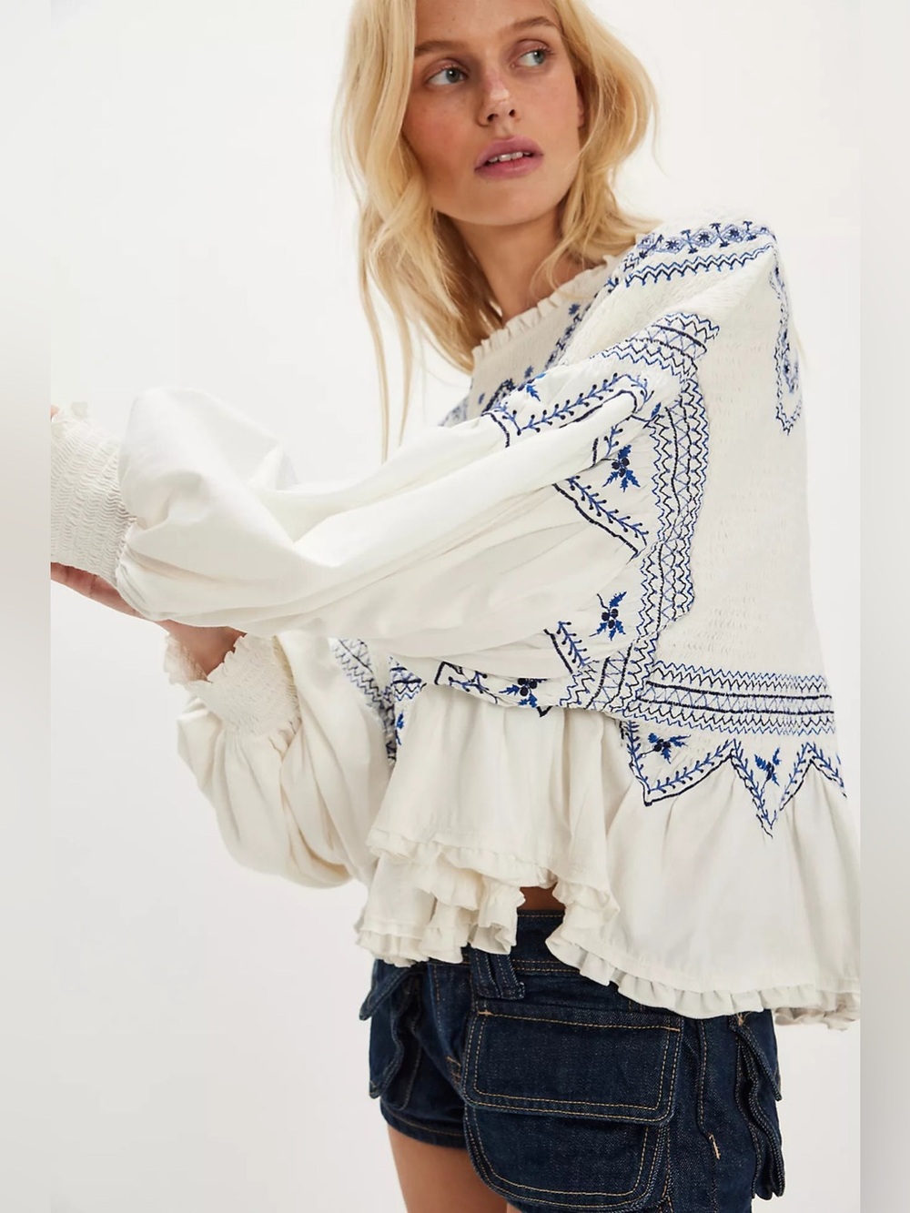 Free People Holly Embroidered Smocked Peplum Balloon Sleeve Boho Top NWT L